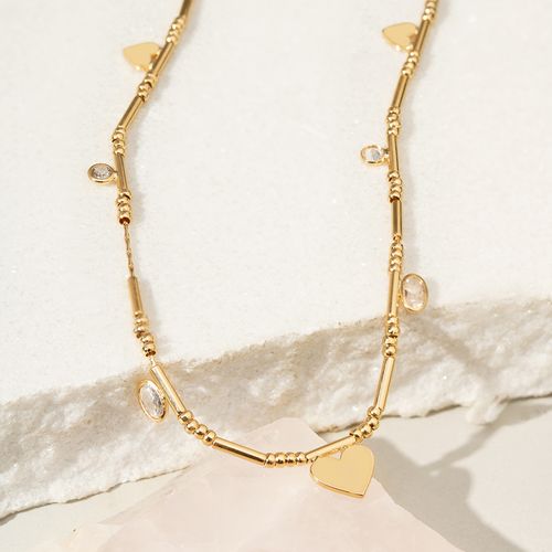 Colar Corações com Canutilhos e Zircônias Brancas 48cm - Banho de Ouro 18k