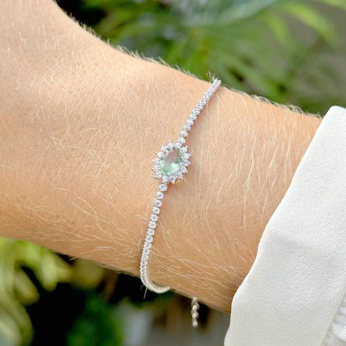 Pulseira Riviera Oval Inteira Cravejada com Cristal Berilo e Zircônias Brancas 19cm - Prata 925