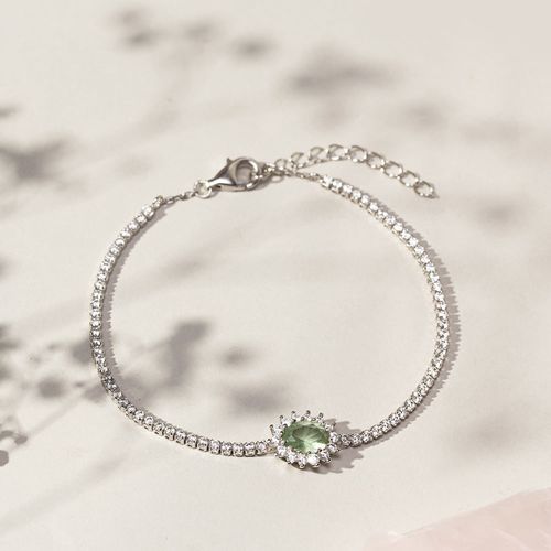 Pulseira Riviera Oval Inteira Cravejada com Cristal Berilo e Zircônias Brancas 19cm - Prata 925