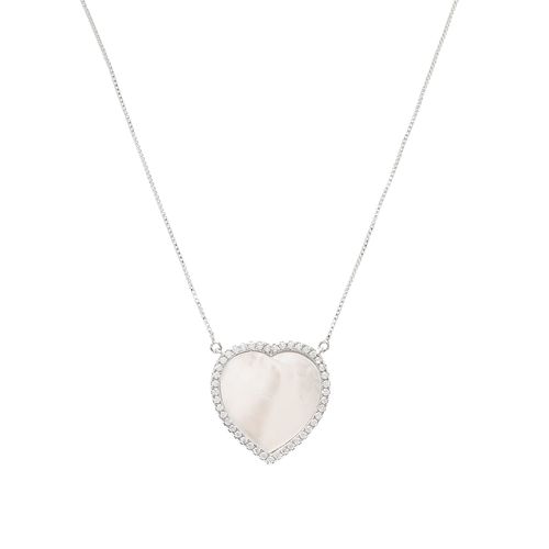 Colar Coração Pequeno de Madrepérola com Zircônias Brancas 60cm - Banho de Ródio Branco