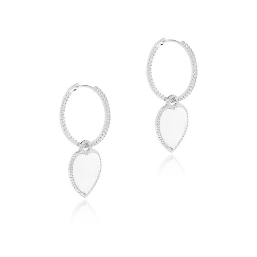 Brinco Argola Cravejada com Coração de Madrepérola e Zircônias Brancas - Banho de Ródio Branco