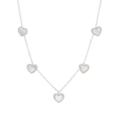 Colar Corações de Madrepérola com Zircônias Brancas 50cm - Banho de Ródio Branco