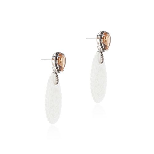 Brinco Gota Com Pingente Bordado Versártil de Cristal Quartzo Fumê e Zircônias Chocolates - Banho de Ródio Branco