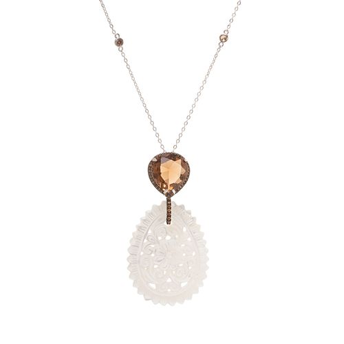 Colar Gota Com Pingente Bordado Versártil de Cristal Quartzo Fumê Madrepérola e Zircônias Chocolates 70cm - Banho de Ródio Branco