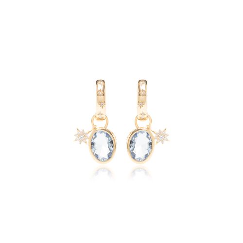 Brinco Argola com Estrelas de Cristal London Blue e Zircônias Brancas - Banho de Ouro 18k