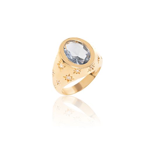 Anel Oval Estrelas de Cristal London Blue e Zircônias Brancas - Banho de Ouro 18k