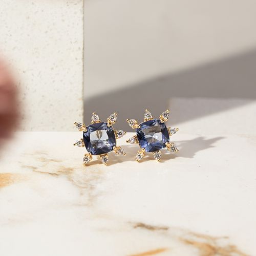 Brinco Coroa de Cristal London Blue e Zircônias Brancas - Banho de Ouro 18k
