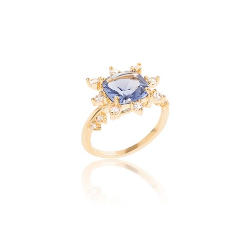 Anel Coroa Cristal London Blue com Zircônias Brancas - Banho de Ouro 18k