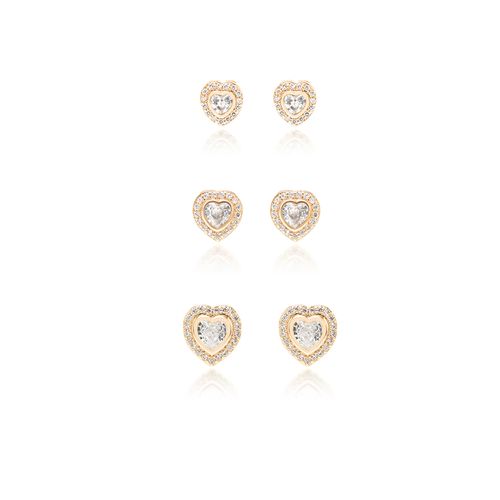 Brinco Corações Kit com 3 Pares de Zircônias Brancas P/M/G - Banho de Ouro 18k
