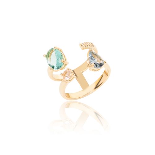 Anel Oval e Gota Com Cristal Paraiba Cristal Morganita Cristal London Blue - Banho de Ouro 18k
