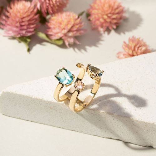 Anel Oval e Gota Com Cristal Paraiba Cristal Morganita Cristal London Blue - Banho de Ouro 18k