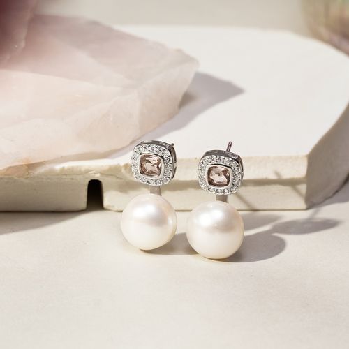Brinco Quadrados Brilhantes com Pérola de Água Doce, Cristal Rodolita e Zircônias Brancas - Prata 925