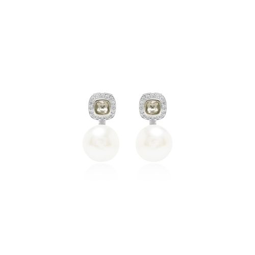 Brinco Quadrados Brilhantes com Pérola de Água Doce, Cristal Berilo e Zircônias Brancas - Prata 925
