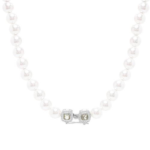 Colar Quadrados Brilhantes de Pérolas Shell, Cristal Berilo e Zircônias Brancas 42cm - Prata 925