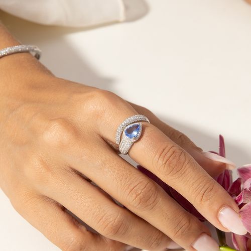 Anel Gota Bordada Cristal London Blue com Zircônias Brancas - Prata 925