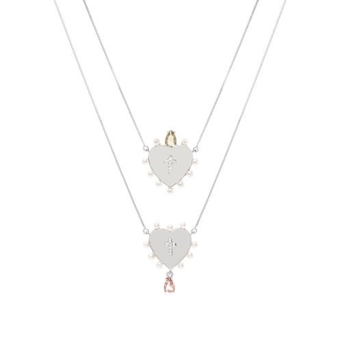 Colar Escapulário Coração e Mini Cruz com Pérolas Cristal Rodolita Cristal Peridoto e Zircônias Brancas 66cm - Prata 925