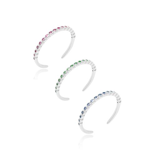 Anel Meia Aliança Fininha Kit com 3 Peças de Cristal Rubi, Cristal Esmeralda e Cristal Safira (Ajustáveis nos tamanhos 12/14/16) - Prata 925