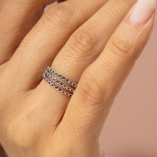Anel Meia Aliança Fininha Kit com 3 Peças de Cristal Rubi, Cristal Esmeralda e Cristal Safira (Ajustáveis nos tamanhos 16/18/20) - Prata 925