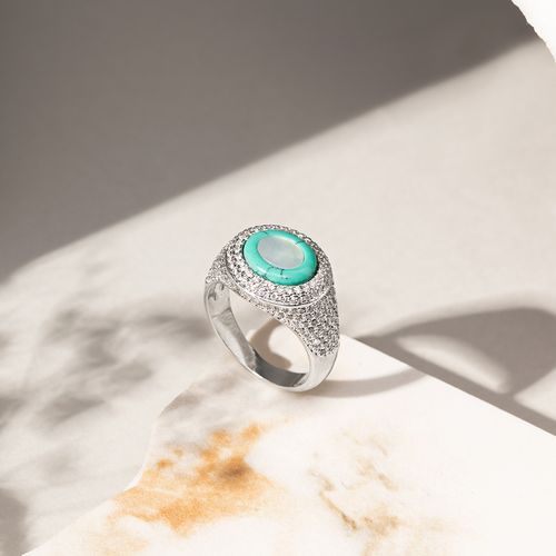 Anel Oval de Madrepérola, Raolita Turquesa e Zircônias Brancas - Banho de Ródio Branco