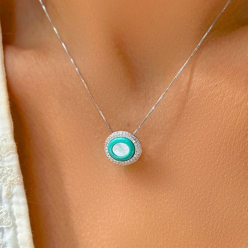 Colar Oval de Madrepérola, Raolita Turquesa e Zircônias Brancas 45cm - Banho de Ródio Branco