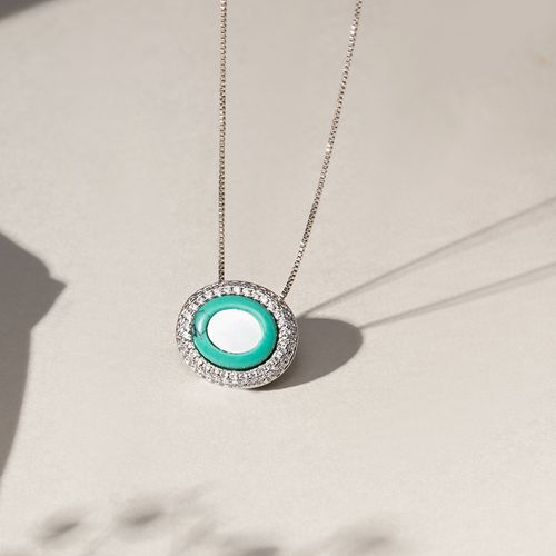 Colar Oval de Madrepérola, Raolita Turquesa e Zircônias Brancas 45cm - Banho de Ródio Branco