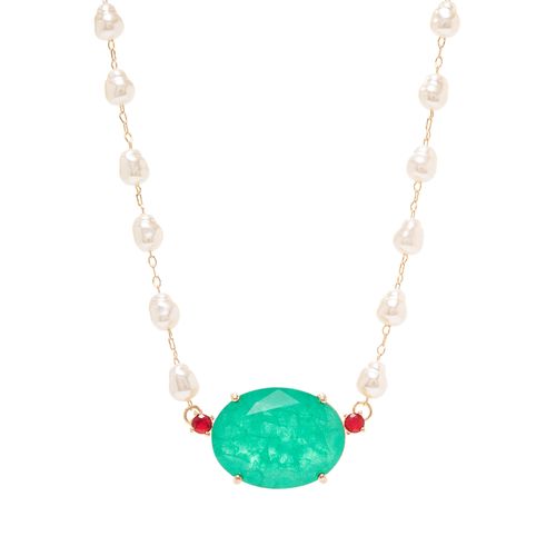Colar Oval de Fusion Esmeralda, Pérolas Coreanas e Cristal Turmalina 45cm - Banho de Ouro 18k