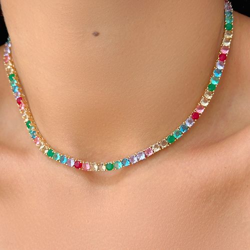 Colar Riviera Inteira Pedras com Cristal Esmeralda, Cristal Rubi, Cristal Citrino e Cristal Paraiba 40cm - Banho de Ouro 18k