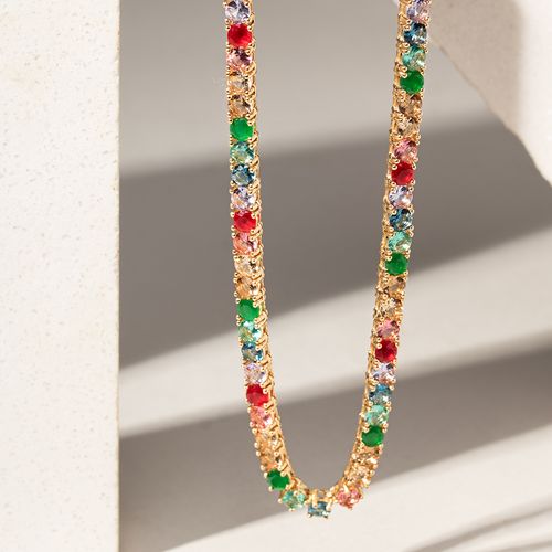 Colar Riviera Inteira Pedras com Cristal Esmeralda, Cristal Rubi, Cristal Citrino e Cristal Paraiba 40cm - Banho de Ouro 18k