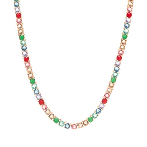 Colar Riviera Inteira Pedras com Cristal Esmeralda, Cristal Rubi, Cristal Citrino e Cristal Paraiba 40cm - Banho de Ouro 18k