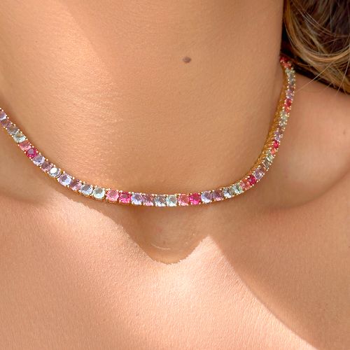 Colar Riviera Inteira Pedras com Cristal Turmalina Rosa, Cristal Tanzanita, Cristal Topázio Azul 40cm - Banho de Ouro 18k