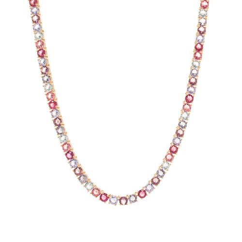 Colar Riviera Inteira Pedras com Cristal Turmalina Rosa, Cristal Tanzanita, Cristal Topázio Azul 40cm - Banho de Ouro 18k
