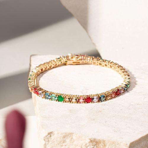 Pulseira Riviera Inteira Pedras com Cristal Esmeralda, Cristal Rubi, Cristal Citrino e Cristal Paraíba 17cm - Banho de Ouro 18k