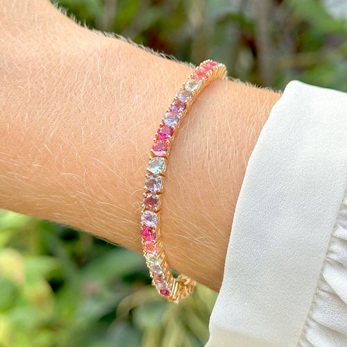 Pulseira Riviera Inteira Pedras com Cristal Turmalina Rosa, Cristal Tanzanita, Cristal Topázio Azul 17cm - Banho de Ouro 18k