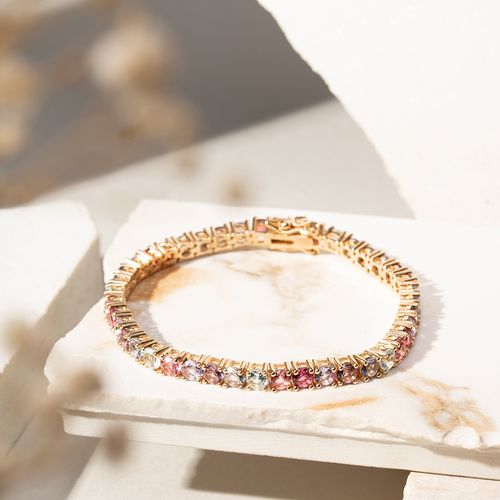 Pulseira Riviera Inteira Pedras com Cristal Turmalina Rosa, Cristal Tanzanita, Cristal Topázio Azul 17cm - Banho de Ouro 18k