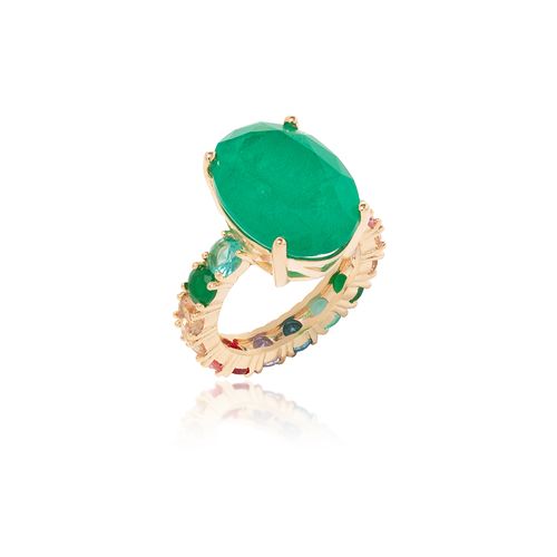 Anel Oval de Fusion Esmeralda Aro Cravejado com Cristal Rubi, Cristal Tanzanita e Paraiba - Banho de Ouro 18k