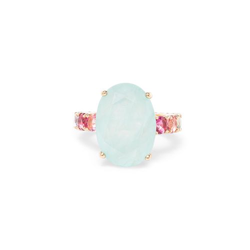 Anel Oval de Fusion Turmalina Light Aro Cravejado com Cristal Turmalina Rosa, Cristal Tanzanita e Cristal Topázio Azul - Banho de Ouro 18k