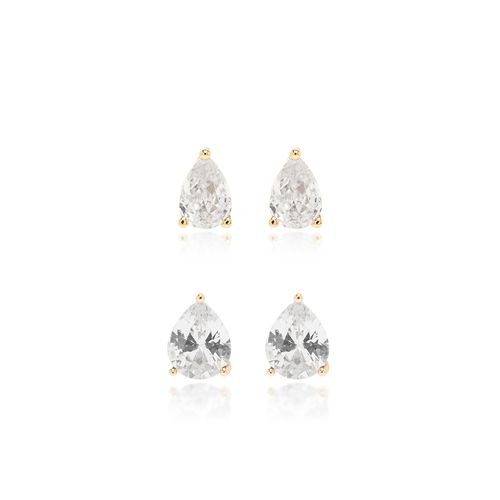 Brinco Gotas Kit com 2 Pares 5x7 e 8x10 de Zircônias Brancas - Banho de Ouro 18k