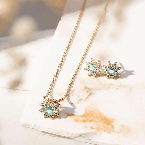 Conjunto Flor Brinco + Colar de Cristal Água Marinha e Zircônias Brancas 45cm - Banho de Ouro 18k