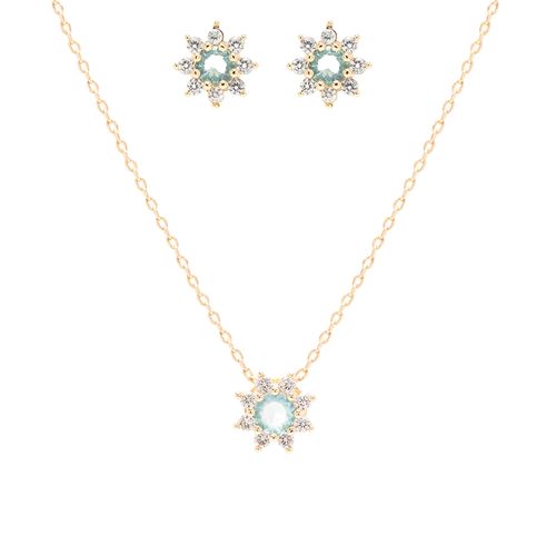 Conjunto Flor Brinco + Colar de Cristal Água Marinha e Zircônias Brancas 45cm - Banho de Ouro 18k