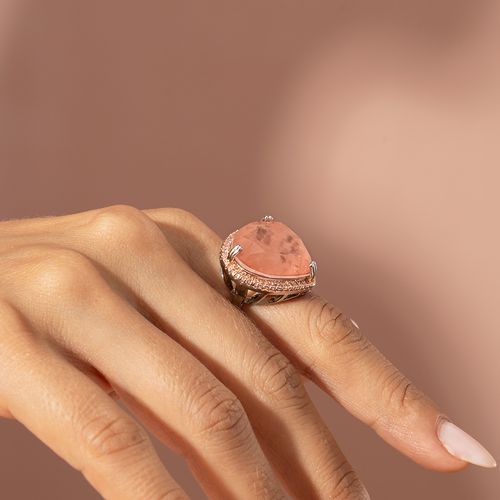 Anel Gota de Fusion Morganita e Zircônias Rosas - Banho de Ródio Branco