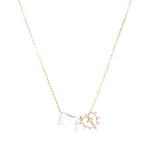 Colar Escapulário Retângulo com Coração e Cruz de Zircônias Brancas 65cm - Banho de Ouro 18k