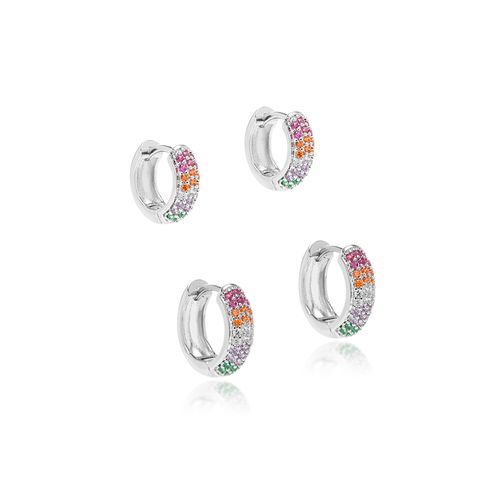 Brinco Argola Kit com 2 Pares 12mm e 14mm de Zircônias Coloridas - Banho de Ródio Branco