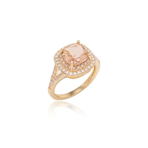 Anel Quadrado de Cristal Morganita e Zircônias Brancas - Banho de Ouro 18k
