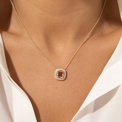 Colar Quadrado de Cristal Morganita e Zircônias Brancas 50cm - Banho de Ouro 18k