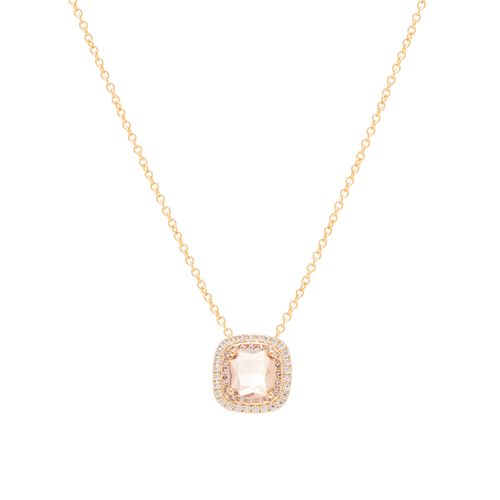 Colar Quadrado de Cristal Morganita e Zircônias Brancas 50cm - Banho de Ouro 18k