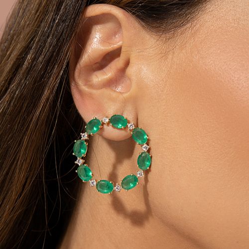 Brinco Círculo de Cristal Esmeralda e Zircônias Brancas - Banho de Ouro 18k