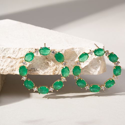 Brinco Círculo de Cristal Esmeralda e Zircônias Brancas - Banho de Ouro 18k