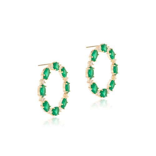 Brinco Círculo de Cristal Esmeralda e Zircônias Brancas - Banho de Ouro 18k