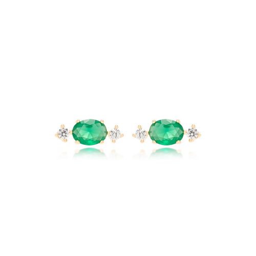 Brinco Oval de Cristal Esmeralda e Zircônias Brancas - Banho de Ouro 18k