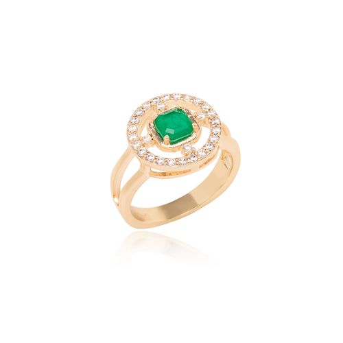 Anel Circulo de Cristal Esmeralda e Zircônias Brancas - Banho de Ouro 18k